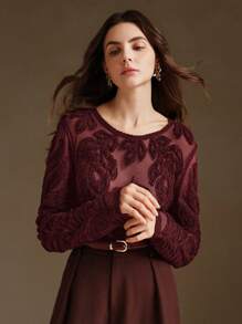 Anewsta Suéter elástico de crochet con cuello redondo transparente y diseño floral 3D, ideal para Navidad - Rojo - Ver 3