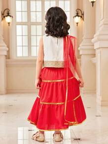 SHEIN 2pcs Set: Young Girl Sleeveless Round Neck Mini Skirt, Casual & Fashionable For Daily Wear - Red - View 2