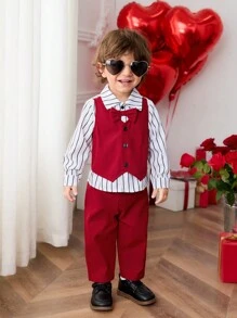 SHEIN 2pcs Set Baby Boys Casual 2 In 1 Vest Shirt, Striped Shirt Top And Straight Pants With Bow Tie , Suitable For Spring/Autumn, Suitable For Christmas, Birthday, Christening, 1st Birthday Party, Evening Party, Performance, Wedding