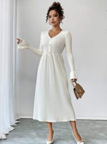 Calvaya Elegant Ruffled Long Sleeve Knitted Pleated Dress, Versatile Sweater Dress For Women