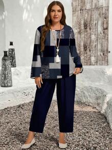 EMERY ROSE 2pcs/Set Casual Minimalist All-Over Print Top And Solid Color Pants, Plus Size