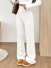 SHEIN EZwear 纯色高腰针织裤，休闲百搭秋冬 - 白色 - 查看 3