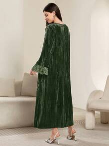 Al Najma 女式撞色蕾丝 V 领长袖荷叶边下摆优雅阿拉伯连衣裙，优雅 A 字长款阿拉伯连衣裙，适合晚会/日常休闲