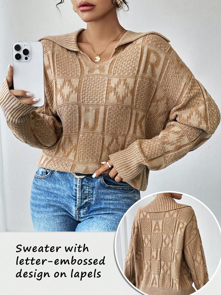 SHEIN Unity 纯色字母纹理图案休闲套头毛衣针织衫秋冬款 - 駝色 - 查看 1