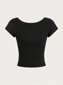 SHEIN EZwear 2pcs/Set Women Backless Round Neck Short Sleeve Tight Crop Top, Suitable For Summer Suitable For Going Out - Multicolor - View 4