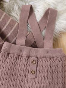 男婴秋冬装，复古绅士条纹针织 2 件套，时尚休闲百搭婴儿套头毛衣和围兜工作服 - 卡其色 - 查看 5