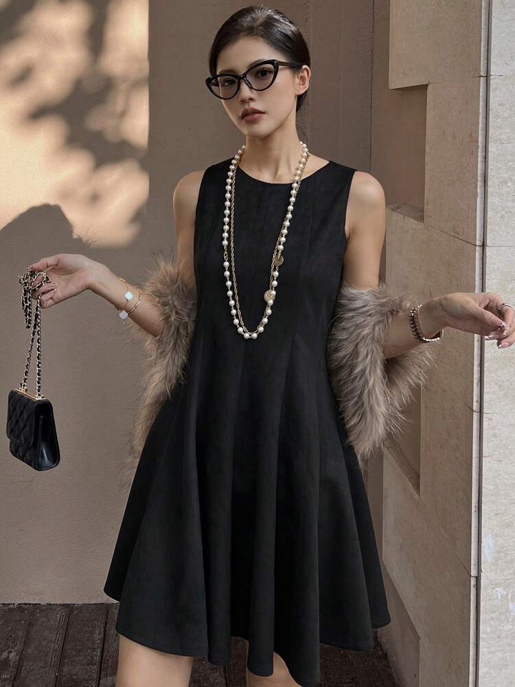 Women Plain Round Neck Sleeveless Casual Mini Dress