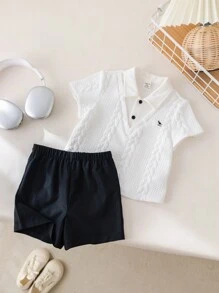 SHEIN Baby Boys Spring/Summer 2pcs Cute Polo Shirt & Elastic Waist Shorts Set, Suitable For Birthday Party, Evening Event, Performance, Wedding, Baby Shower, Christening, First Birthday Celebration