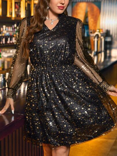 SHEIN Clasi 大码女式闪亮网眼面料优雅派对连衣裙，秋冬款