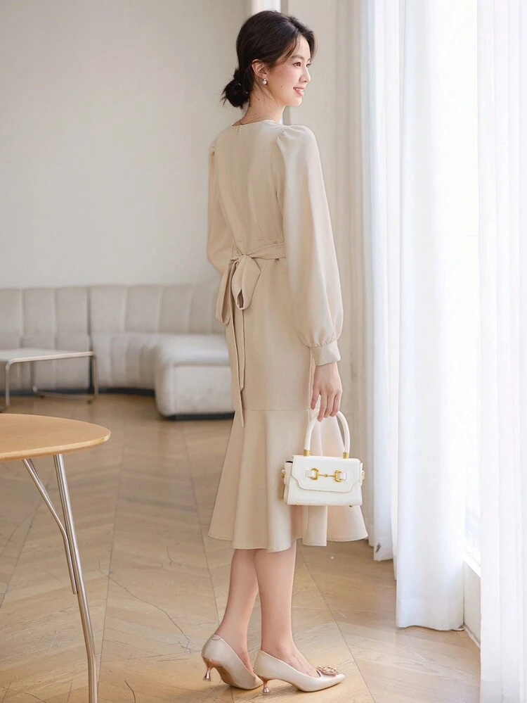 Solid Color V-Neck Puff Sleeve Mid-Long Dress For Women,Fall Clothes Long Sleeve Dress