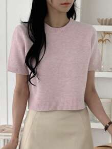 DAZY Blusa de punto ajustada de manga corta y cuello redondo para mujer, ropa casual de primavera y otoño - Rosa - Ver 7