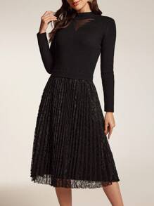 Modelyn Women's Solid Color Collar Long Sleeve Simple Casual Short Knitted Sweater Dress - Black - View 1