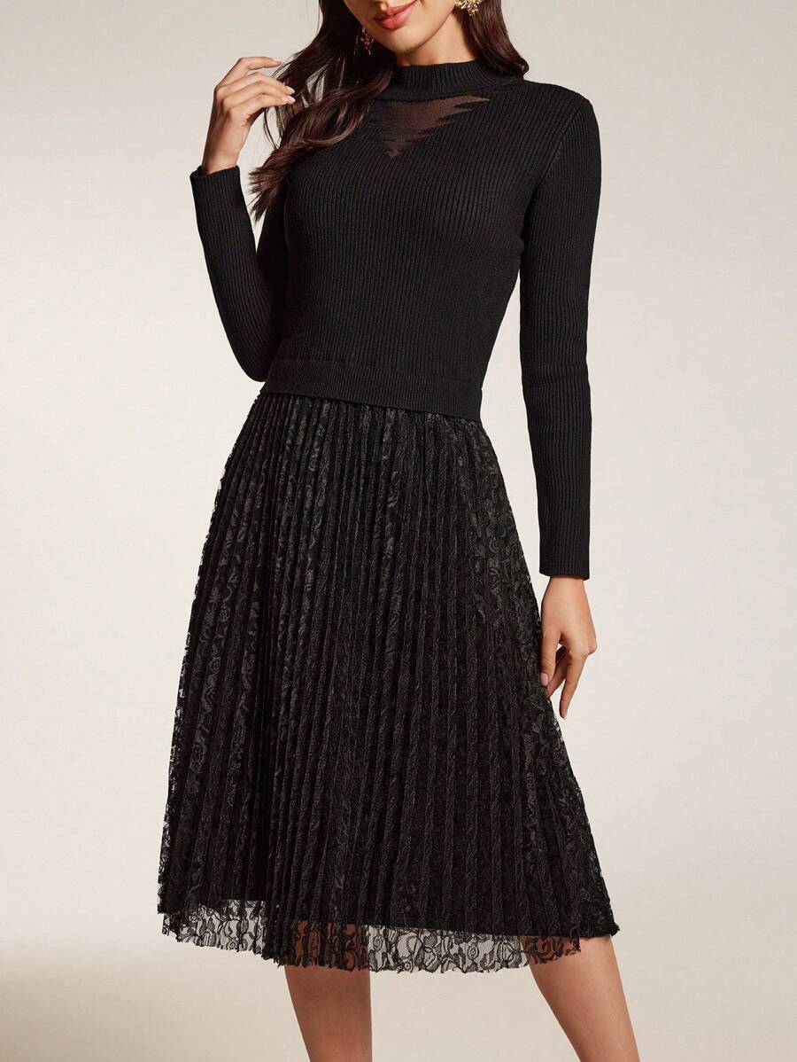 Modelyn Women's Solid Color Collar Long Sleeve Simple Casual Short Knitted Sweater Dress - Black - View 1