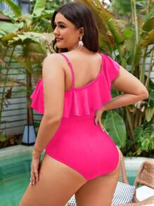 Swim Lushoire Traje de baño de una pieza para mujer talla grande con volantes y malla de unicolor, adecuado para uso diario, vacaciones de verano y playa - Rosa Fucsia - Ver 2