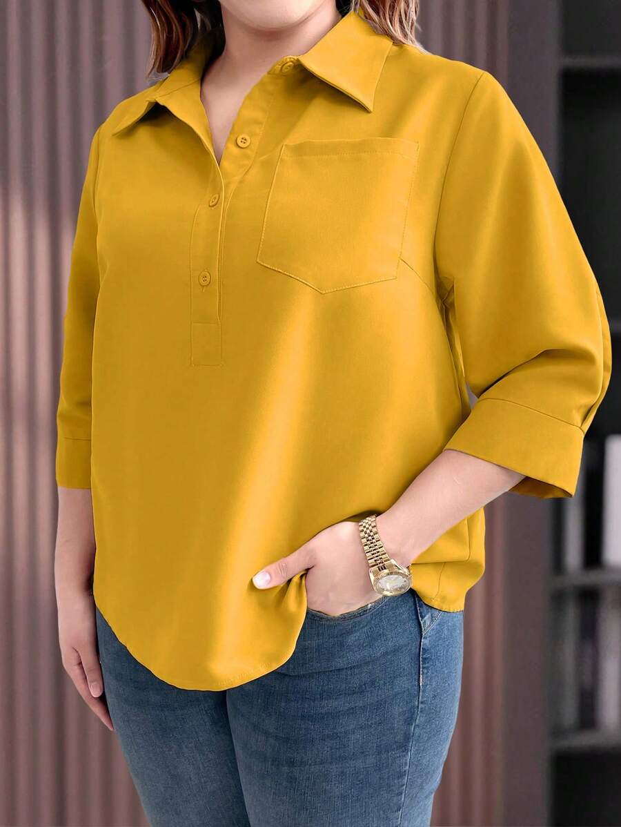 EMERY ROSE Camisa casual de talla grande para mujer con botones y mangas 3/4 sueltas y llanas - Amarillo - Ver 1