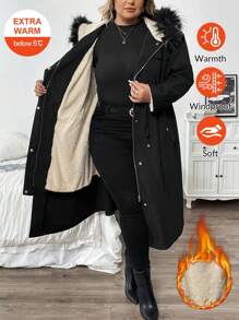 SHEIN CURVE+ Plus Size Women's Winter Long Style With Added Fleece Wool Hooded Regular Jacket