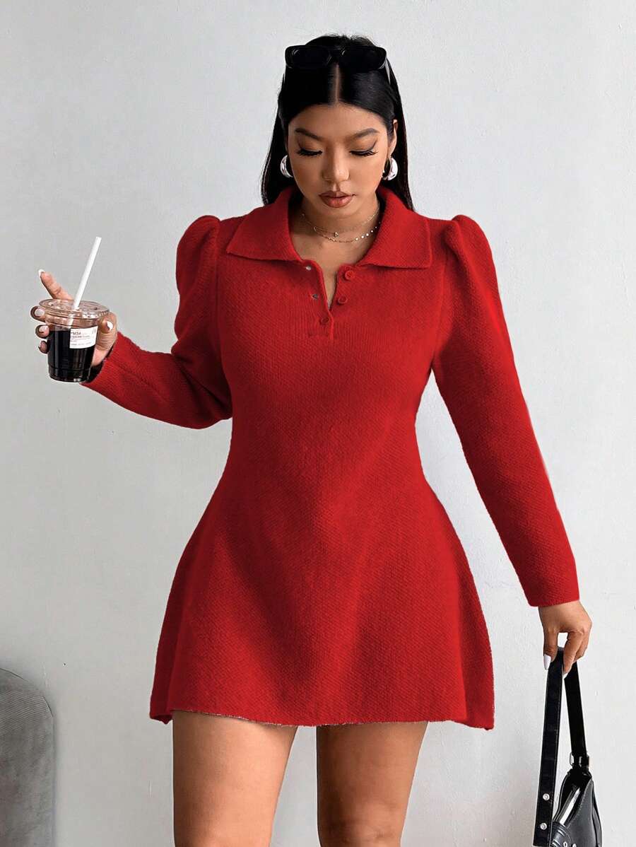 Calvaya Plus Size Knitted Turtleneck Long Sleeve Puff Sleeve Sweater Dress, Autumn/Winter - Red - View 1