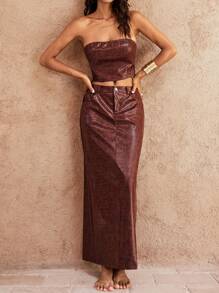 Opulessa Christmas Clothes Holiday Party New Years Woven PU Leather High Waisted Fitted Women's Skirt - Brown - View 2