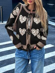 Chiquease Cárdigan negro de mujer con cuello redondo, diseño de corazón y leopardo, y decoración de lazo - Multicolor - Ver 3