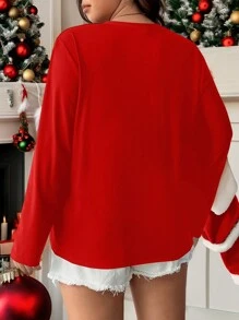 SHEIN EZwear Luźny, minimalistyczny T-shirt z nadrukiem renifera, okrągłym dekoltem i długim rękawem, luźny, dla puszystych, odpowiedni na Boże Narodzenie, jesień/zimę