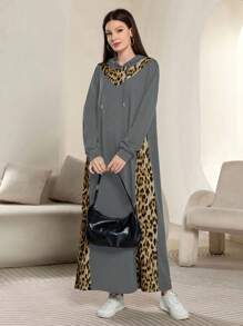 Mulvari Women Leopard Print Patchwork Hooded Sweatshirt Dress - Grey - View 4