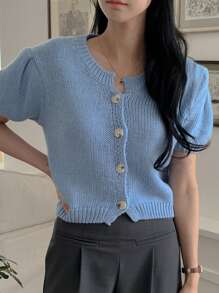 DAZY 女士休闲纯色修身短袖圆领开衫上衣，春夏秋装 - 藍色 - 查看 4