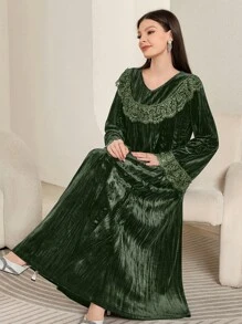 Al Najma 女式撞色蕾丝 V 领长袖荷叶边下摆优雅阿拉伯连衣裙，优雅 A 字长款阿拉伯连衣裙，适合晚会/日常休闲