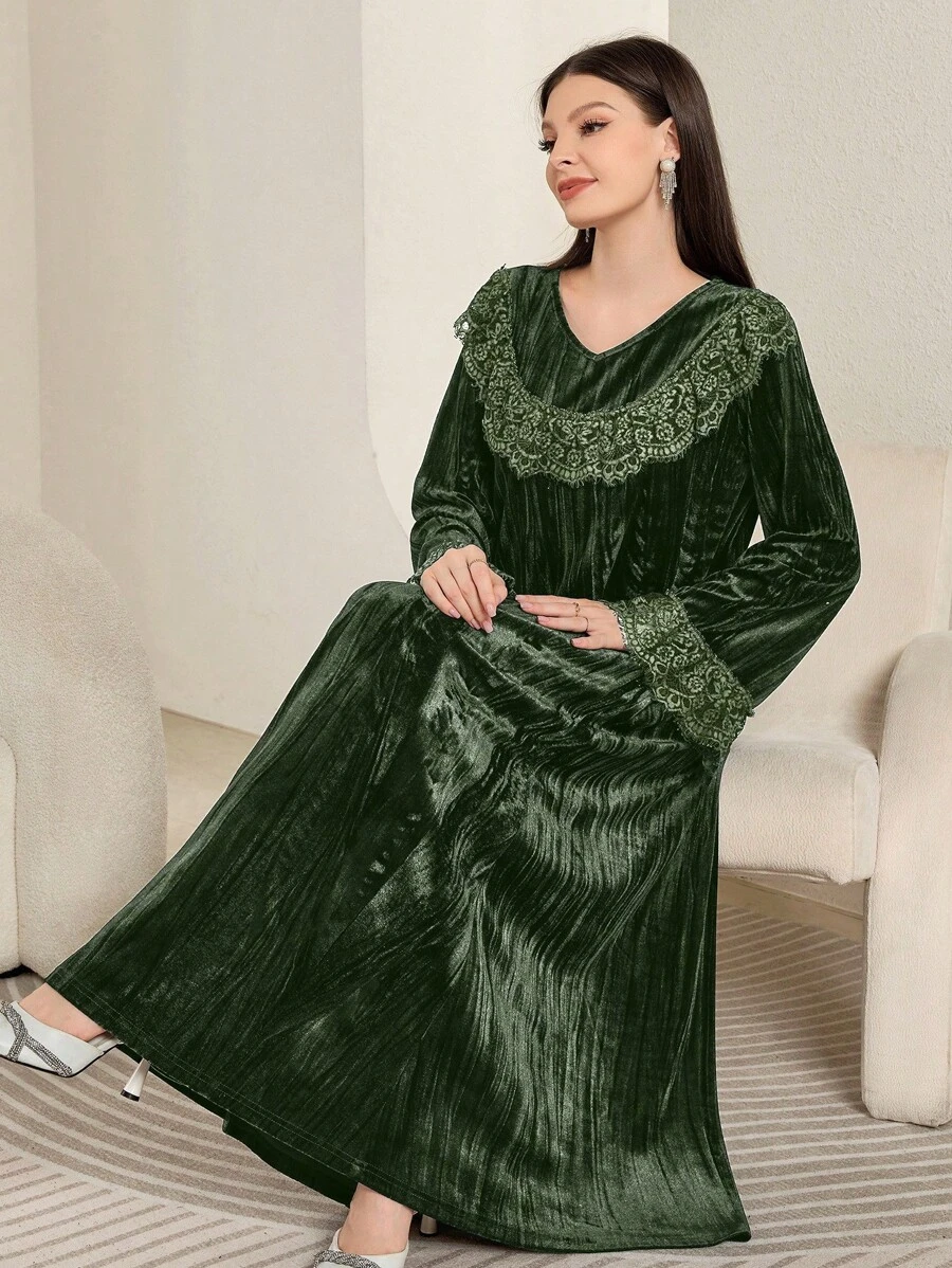 Al Najma 女式撞色蕾丝 V 领长袖荷叶边下摆优雅阿拉伯连衣裙，优雅 A 字长款阿拉伯连衣裙，适合晚会/日常休闲