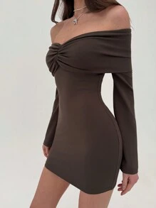 Aloruh Women's Solid Color Off Shoulder Long Sleeve Ruffle Bodycon Mini Dress