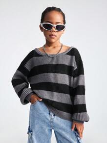 SHEIN Tween Girl Loose Fit Black & Grey Striped Round Neck Drop Shoulder Long Sleeve Sweater, Casual For Autumn/Winter - Multicolor - View 4