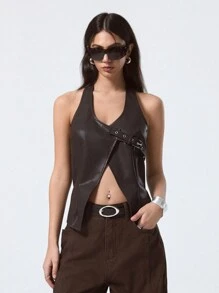 LYSMO Blusa de mujer con detalle de cuello de halter de piel sintética, prenda para fiesta