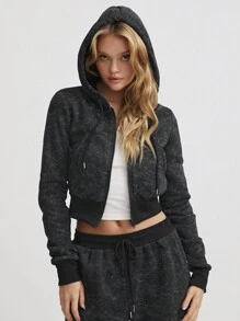 SHEIN Unity 1 件女式黑色休闲复古风格抽绳连帽袋鼠口袋拉链短款运动衫，适合秋冬季 - 黑色 - 查看 4