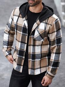 Manfinity CasualMax Plus Size Men's Casual Plaid Drawstring Hooded Shacket, Autumn/Winter