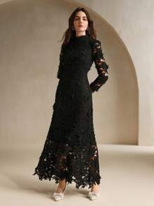 Anewsta Váy ren khoét lỗ tay dài màu trắng cho nữ - màu đen - Xem 7