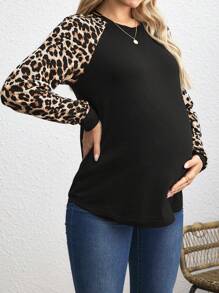 SHEIN 孕妇秋季休闲豹纹拼接插肩袖 T 恤 - 彩色 - 查看 4