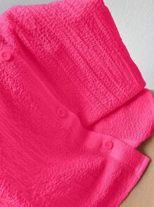 Comfortcana Rose Red Woven Women's Long Sleeve Single-Breasted Casual Crop Shirt - Hot Pink - View 6