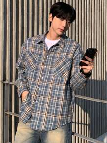DAZY 男士休闲通勤格子印花长袖衬衫，秋季 - 藍色 - 查看 8