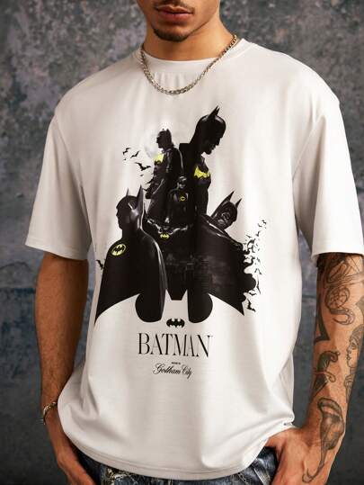 BATMAN X SHEIN 85th Men's Casual Loose Knit Classic Character Print Light Short Sleeve T-Shirt
