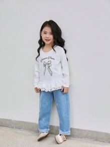 Young Girl' Spring/Autumn Long Sleeve Contrast Lace Cute T-Shirt Top - White - View 5