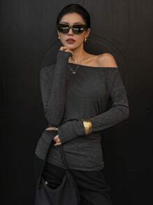 DAZY 女士优雅肩部缀饰亮片长袖T恤，秋季女装 - 灰色 - 查看 3