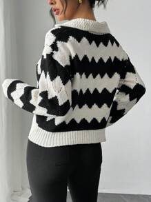 SHEIN Unity Suéter de punto de mujer con cuello calado, bloques de color y rayas - Blanco y Negro - Ver 2