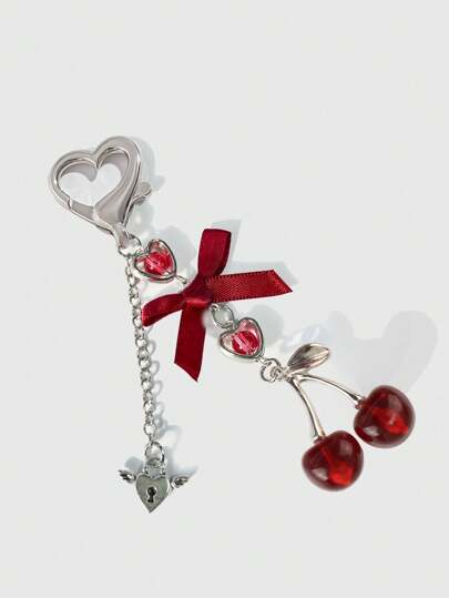 Kawaii 1pc Valentine's Day Red Transparent Cherry Keychain Key Ring Charm Accessory, Cute Bohemian Fruit Design