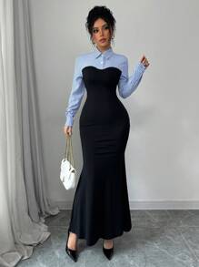 Rafferiza Elegant Bodycon AB Paneled High Slit Long Sleeve Open Cuff Fish Hem Stripe Mixed Knit Dress For Women, Autumn/Winter Maxi Women Outfit Fall Cloth For Women - Multicolor - View 4