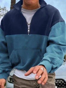 SHEIN Manfinity Dauomo Men's Front Zipper Long Sleeve Pocket Solid Color Patchwork Minimalist Top - Multicolor - View 1