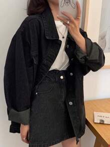 DAZY Women's Solid Color Button Front Casual Versatile Long Sleeve Denim Jacket - Black - View 2