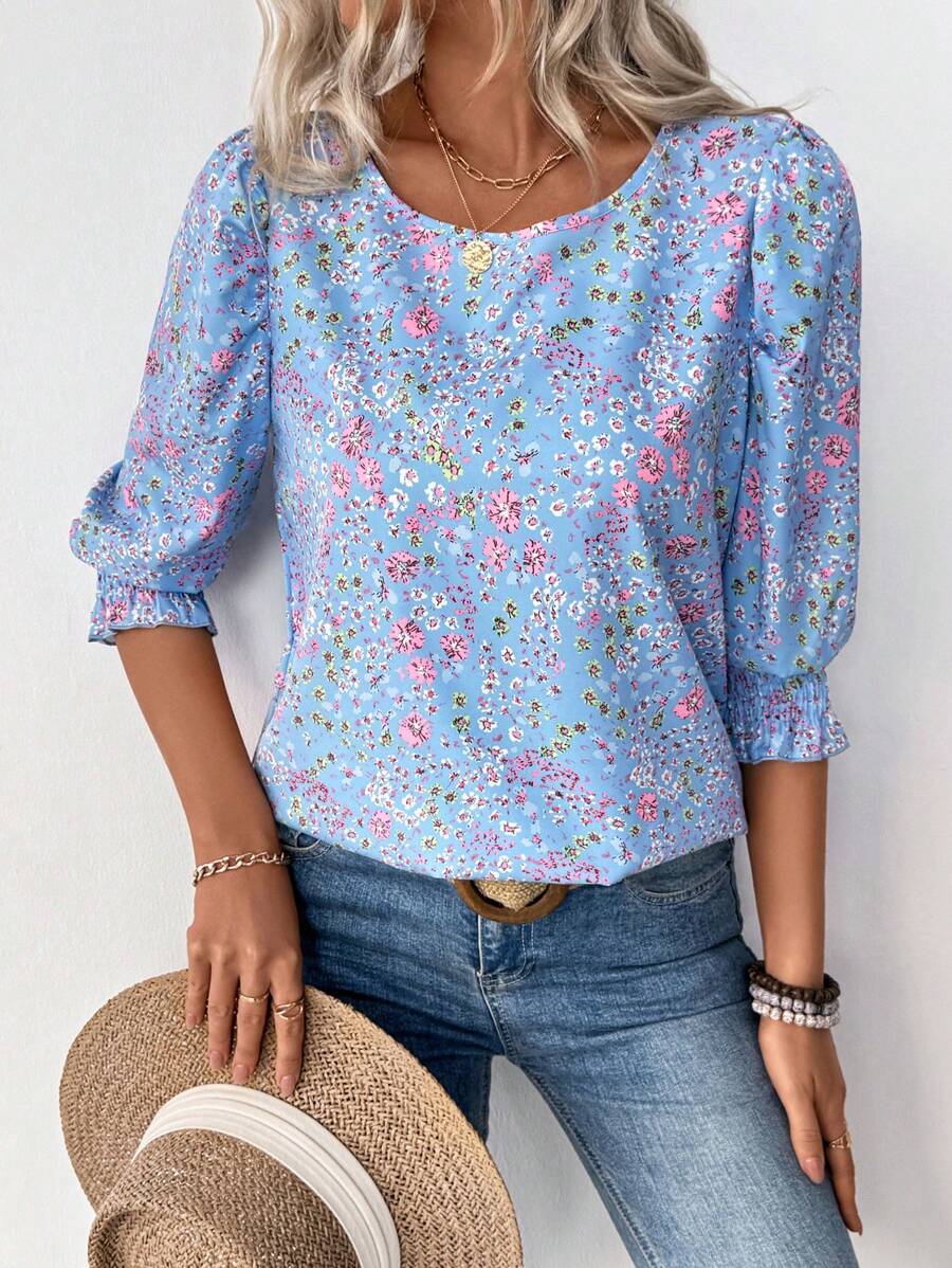 EMERY ROSE Vacation Casual Ditsy Floral Puff Sleeve Shirt (Asymmetric Floral Pattern) - Baby Blue - View 1
