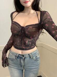 DAZY 玫瑰印花抽绳透视网纱长袖修身T恤，情人节女士款，秋季女士复活节款 - 黑色 - 查看 10