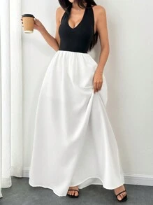 Flirla Robe trapèze noire avec insert en tricot à col montant, patchwork en tissu blanc tressé plissé, poches. minimaliste élégante pour le quotidien, le travail, les invités de mariage, la remise des diplômes, le printemps, l'été, pour femmes