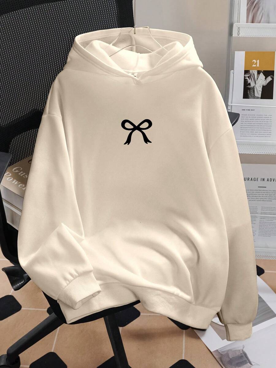 SHEIN 少女休闲简约蝴蝶结印花舒适卫衣,秋冬季 - 米色 - 查看 1