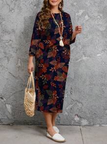 SHEIN LUNE Conjunto de 2 piezas de camiseta de manga de murciélago con cuello redondo y falda con estampado de hojas de arce, adecuado para otoño/invierno, talla grande